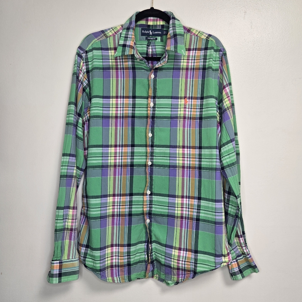 Ralph Lauren Mens Colorful Plaid Cotton Custom Fit Button Up Shirt Size Large
